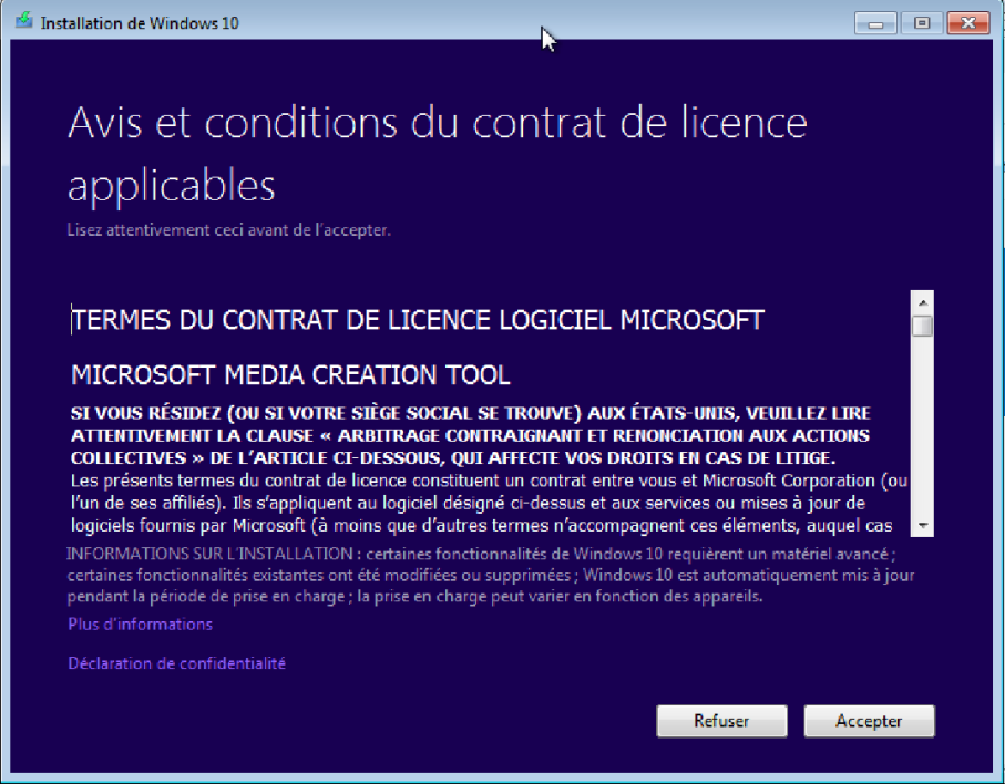 mettre à jour windows 7 : Acceptation du contrat de licence de Windows 10